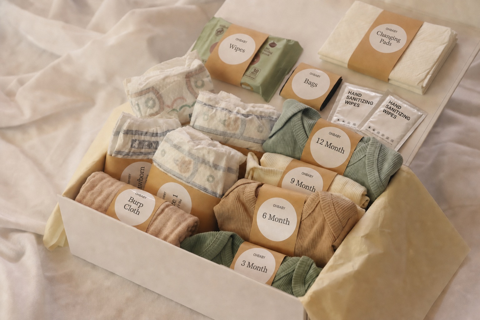 Open Oh Baby Kit gift box filled with labeled bodysuits, diapers, wipes, and changing essentials.