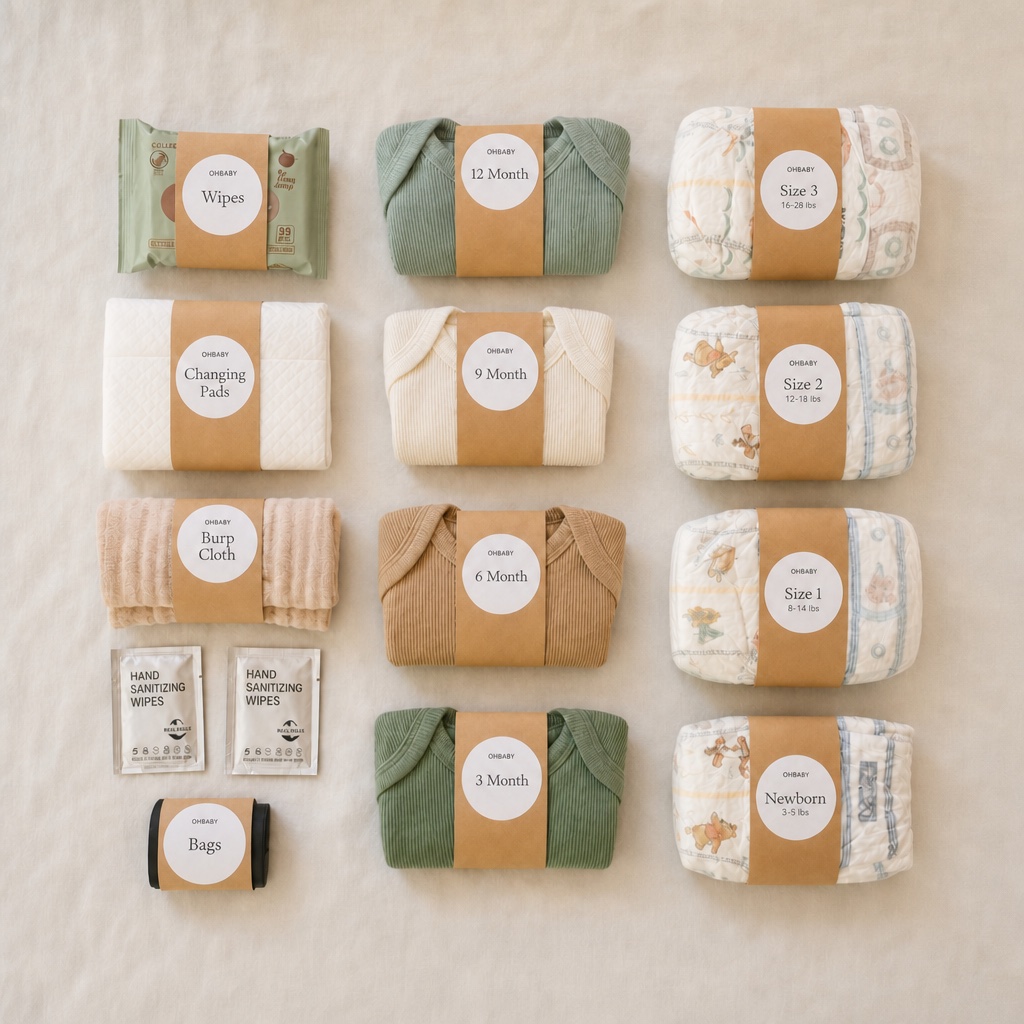 Flat lay of every Oh Baby Kit item: bodysuits labeled 3 to 12 months, diapers labeled Newborn to Size 3, wipes, changing pads, burp cloth, sanitizing wipes, and diaper bags.