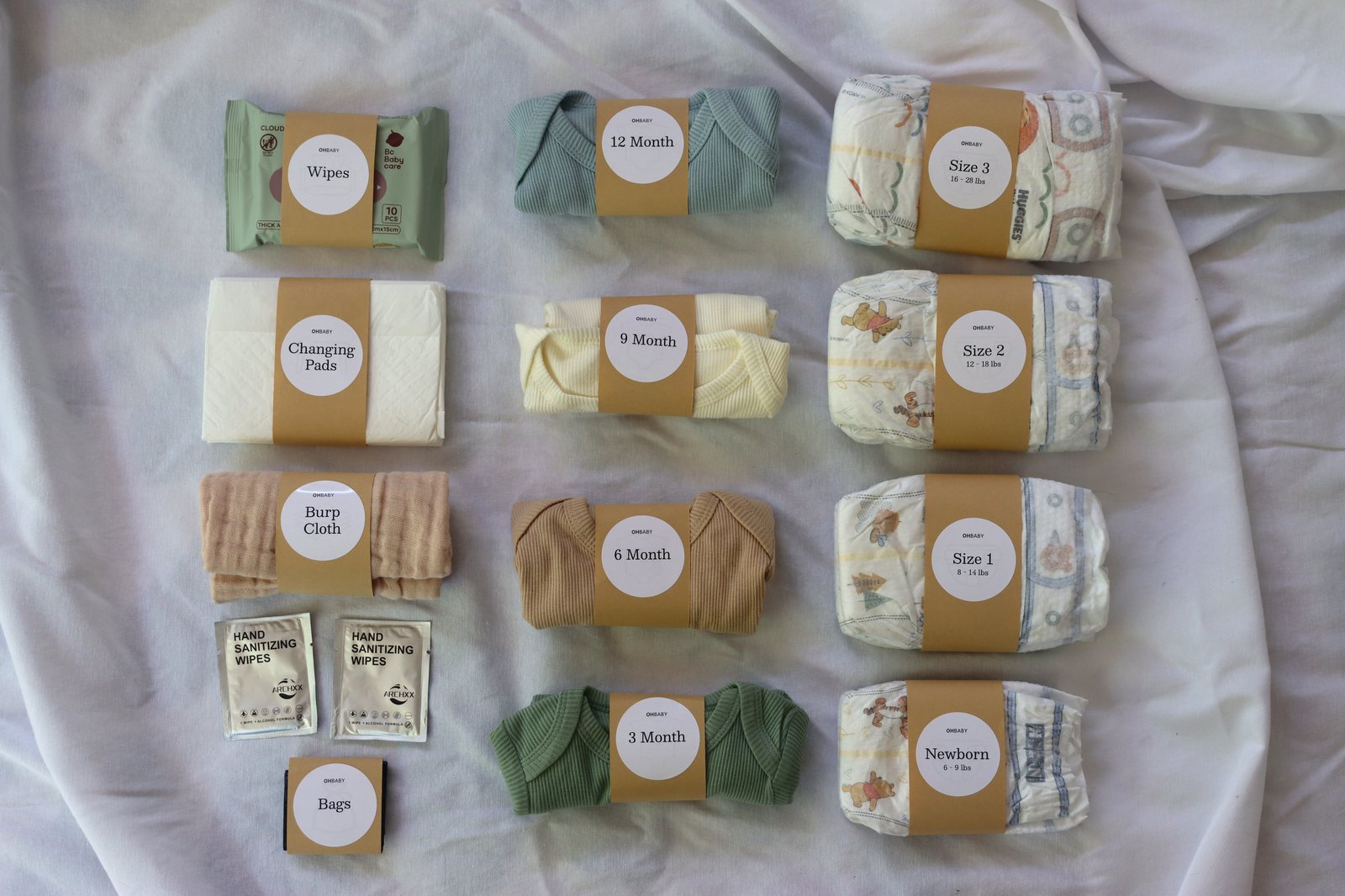 Flat lay of Oh Baby Kit contents.