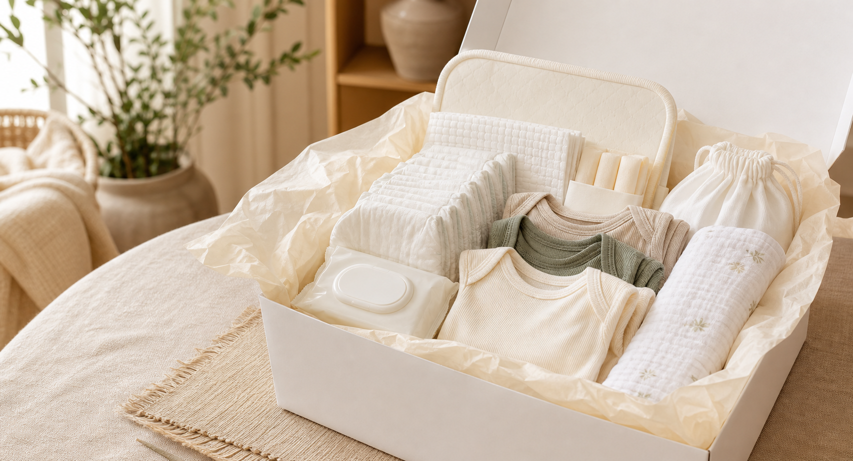 Gift-ready baby backup kit mockup with diapers, bodysuits, wipes, changing supplies, and a burp cloth.