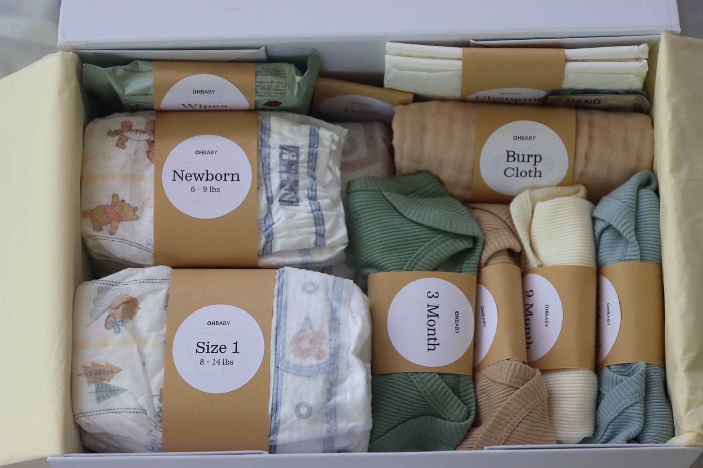 Real close-up of the open Oh Baby Kit box and packed baby essentials