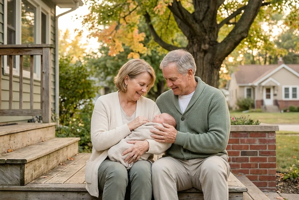 Grandparents holding their infant grandchild on the front steps in early autumn, the season for Grandparents Day gifts.