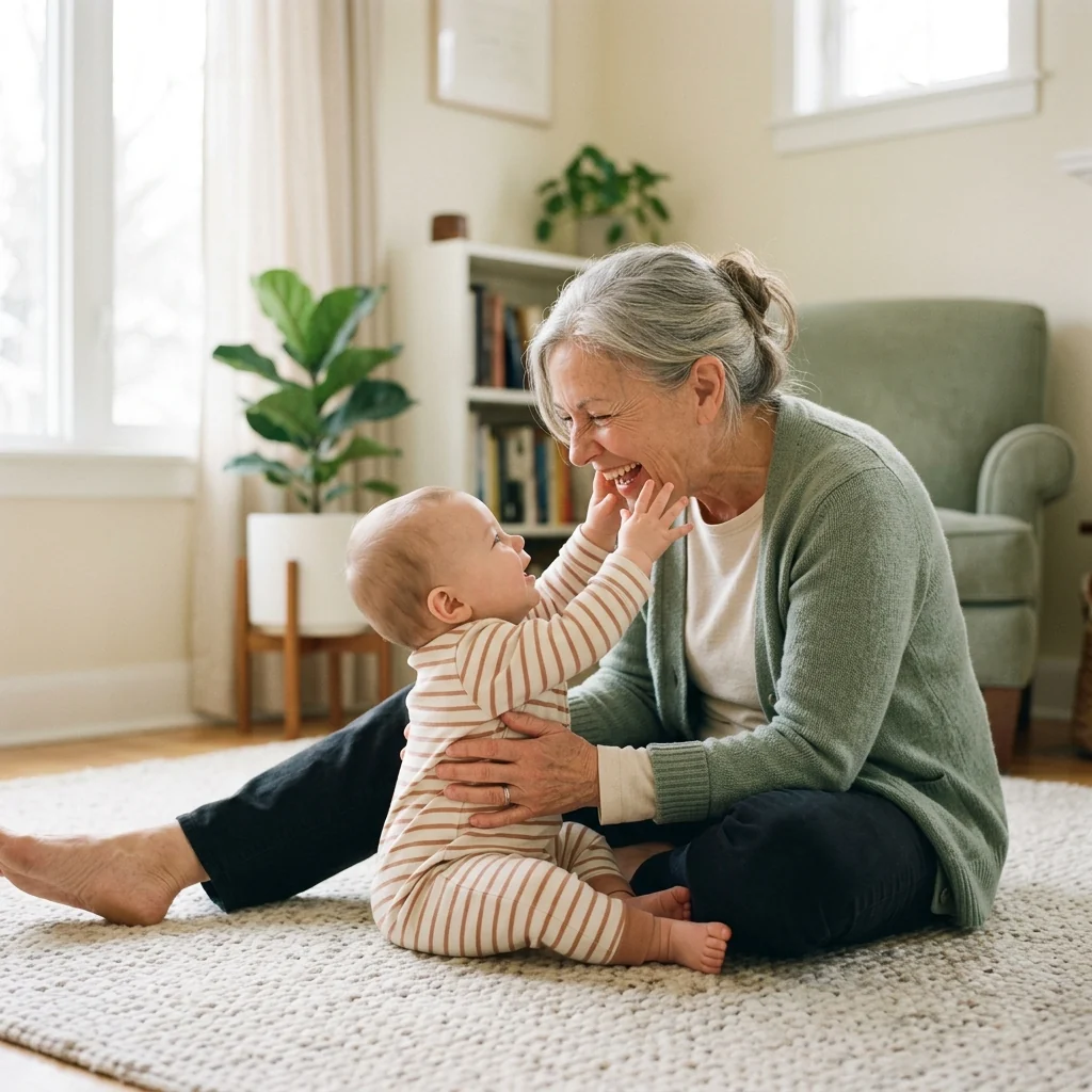 A grandmother sitting on the rug laughing with her infant grandchild reaching up toward her.