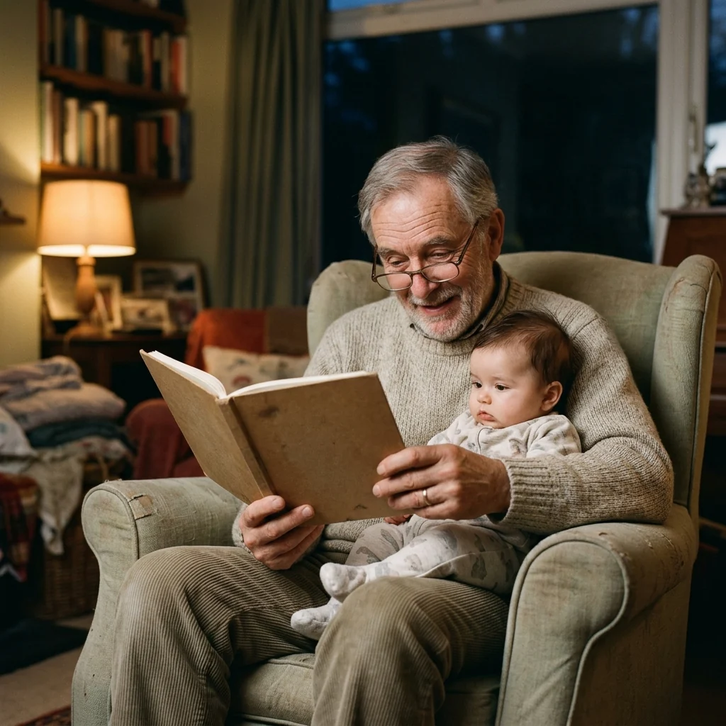 A grandfather reading a picture book to an infant resting on his lap in a warmly lit living room.