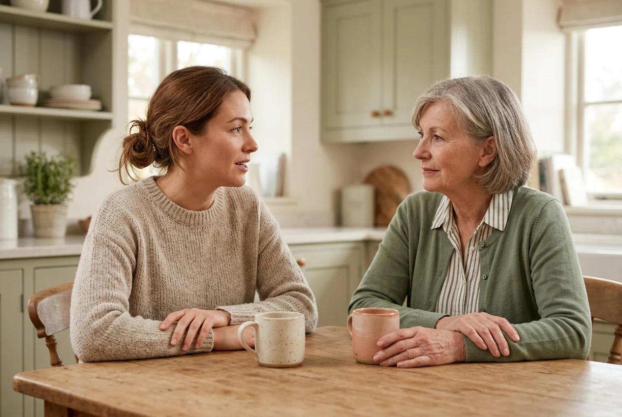 An adult daughter and her mother sitting together at a kitchen table in conversation, the setting for a pregnancy announcement to parents.