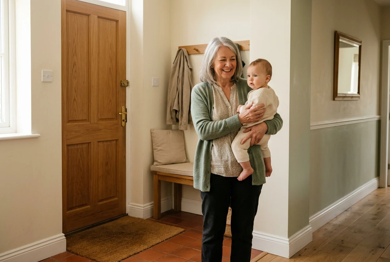 A grandmother holding her infant grandchild on her hip in the hallway, about to head out the door.