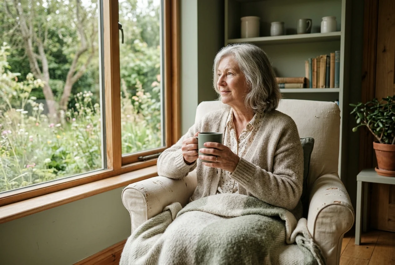 A grandmother sitting by a window with a mug, the quiet stretch between visits that gifts for long-distance grandparents have to fill.