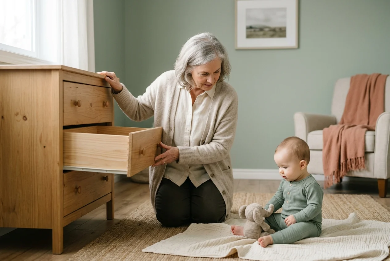 A grandmother kneeling beside an open empty drawer with her infant grandchild sitting on a blanket nearby.