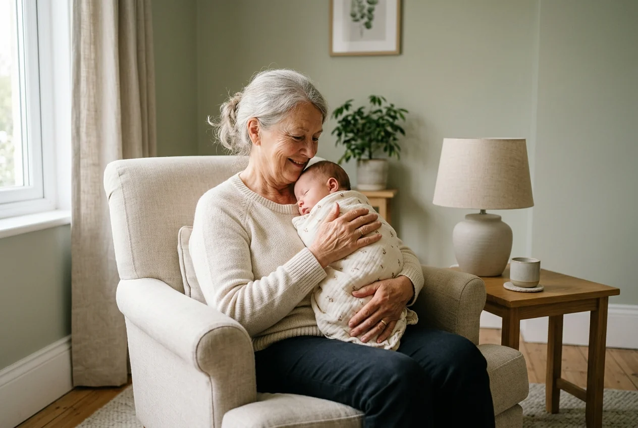 A grandmother sitting with her infant grandchild in a sunlit room, the everyday use first-time grandma gifts should be chosen for.