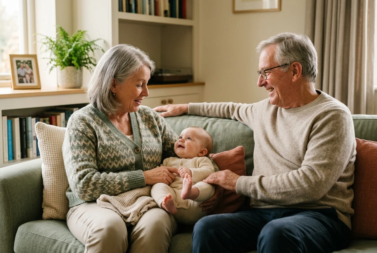 Grandparents sitting on a sofa with their infant grandchild between them, the everyday scene practical gifts for new grandparents are meant to support.