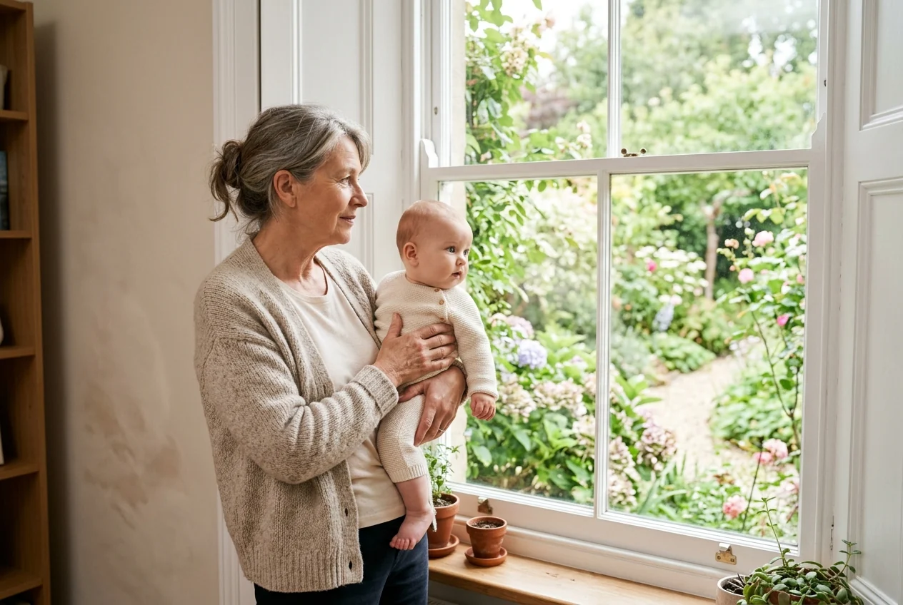 A grandmother holding her infant grandchild by a bright window, the routine a gift for a new grandma should fit.