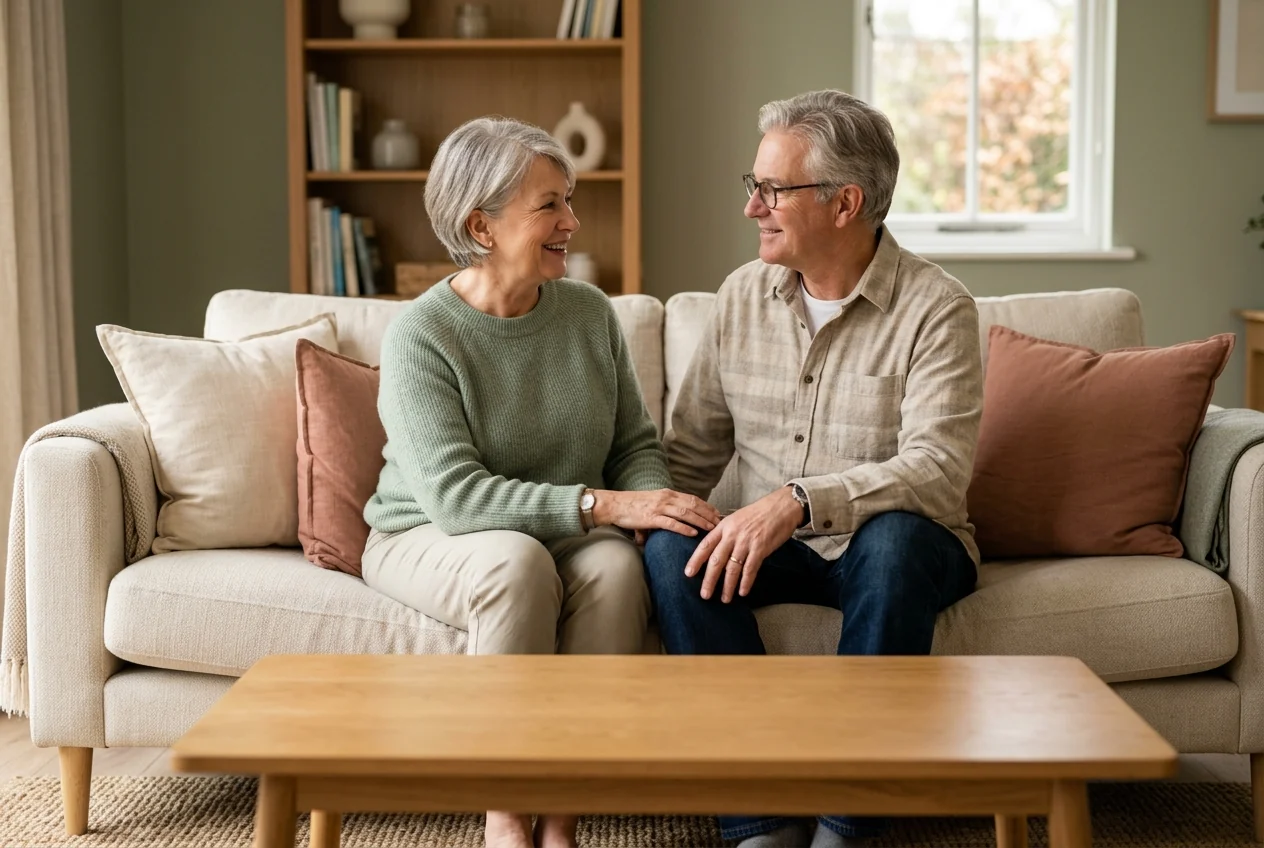 A couple in their sixties sitting together at home looking pleased, the moment gifts for grandparents-to-be are meant for.