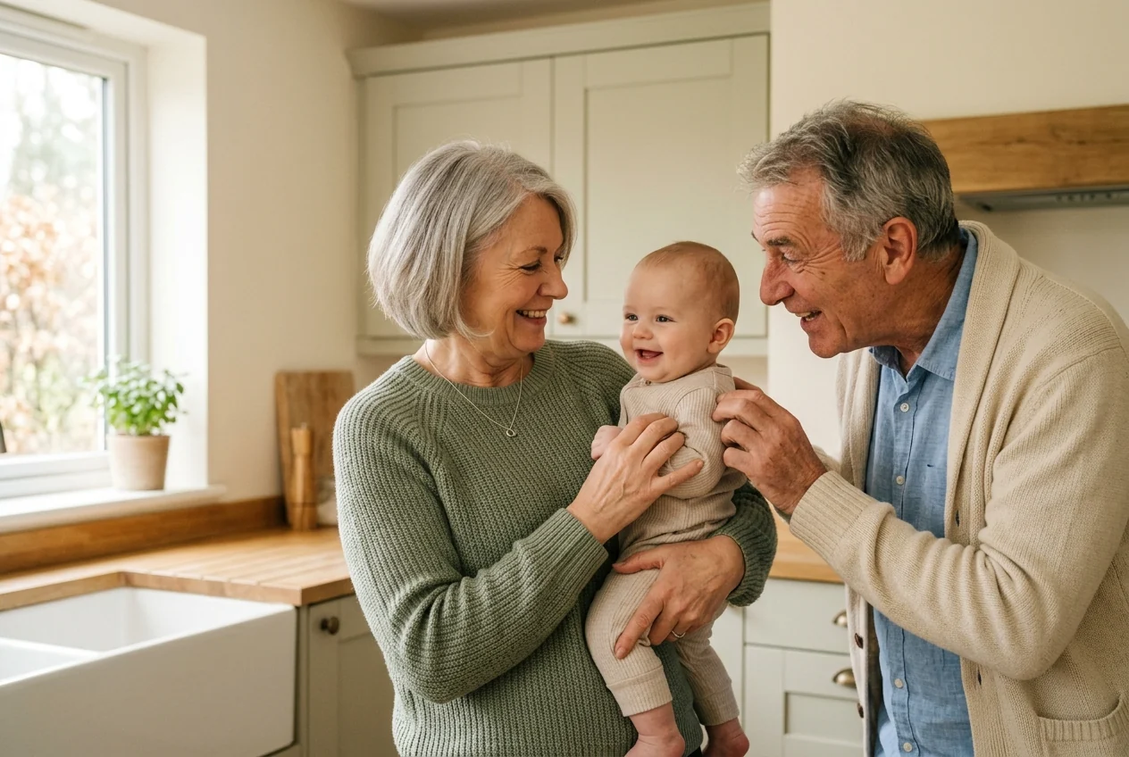 Grandparents in a bright kitchen, one holding their infant grandchild while the other leans in to make the baby smile.
