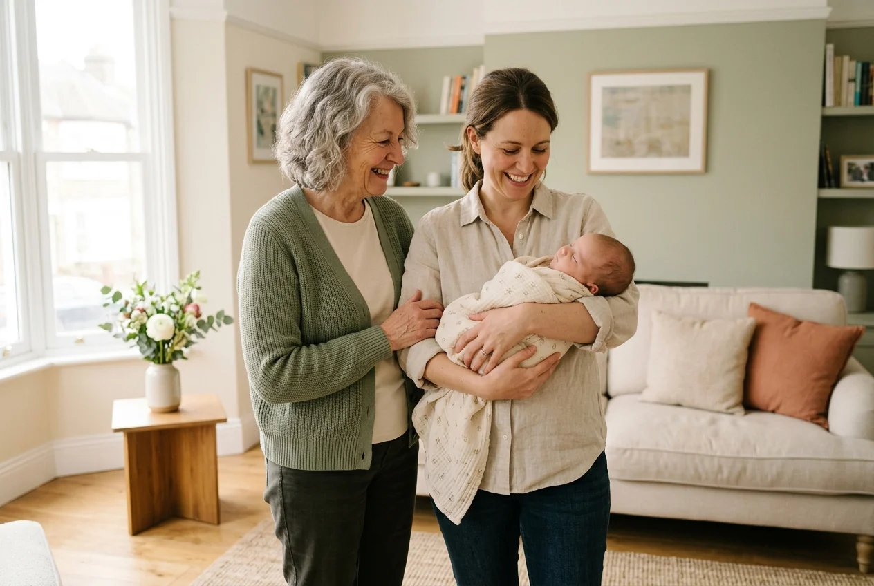 A grandmother and her adult daughter together with a baby in a bright room, the situation Mother's Day gifts for a first-time grandma have to fit.