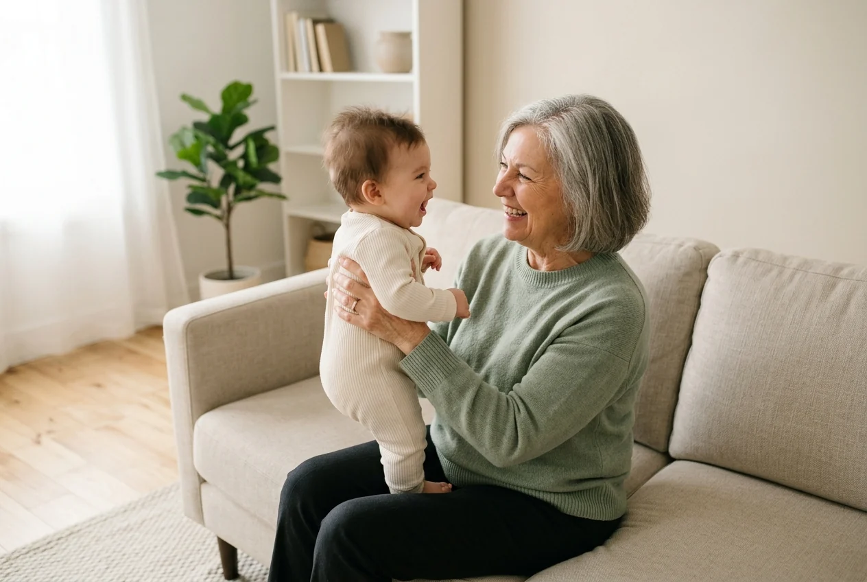 A grandmother sitting with her infant grandchild in a sunlit room, around the age grandma names usually get decided.