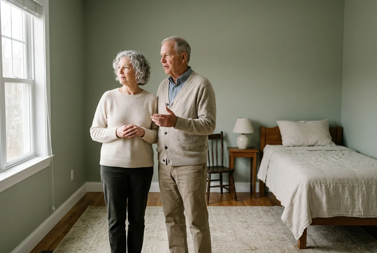 Grandparents standing together in a quiet spare bedroom, talking through how to set it up.