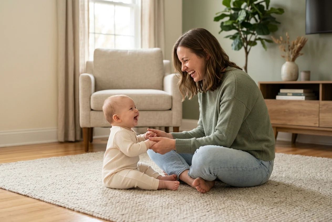 A caregiver sitting on the rug holding an infant’s hands, both of them laughing.