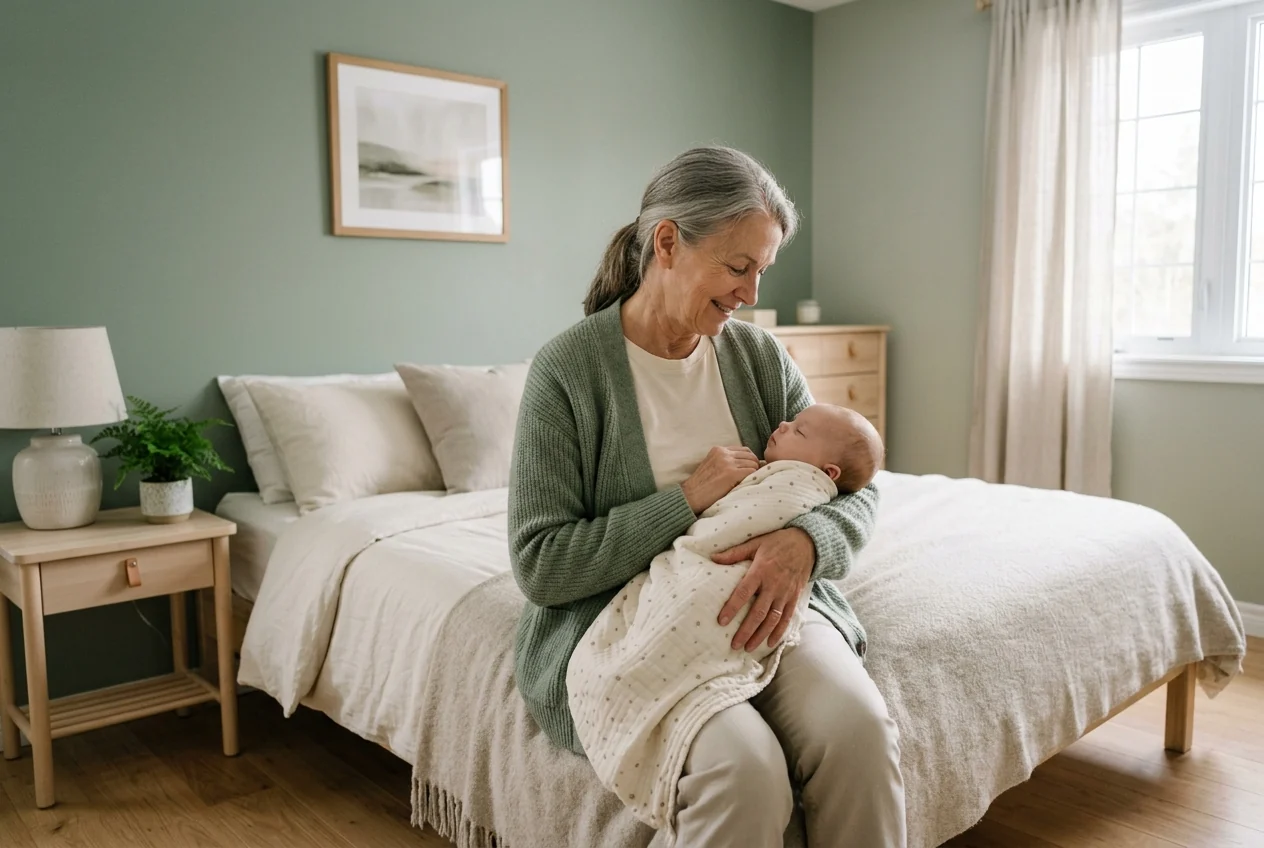 A grandmother and her infant grandchild in a calm bedroom, the kind of visit a grandparent starter kit is meant to support.