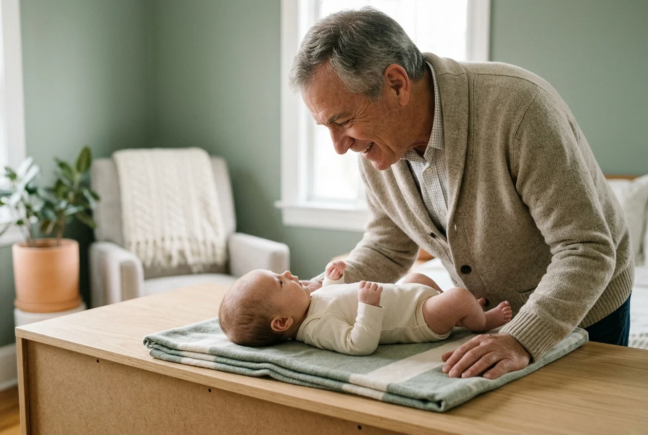 A grandfather smiling down at his infant grandchild lying on a folded blanket across a low dresser top.