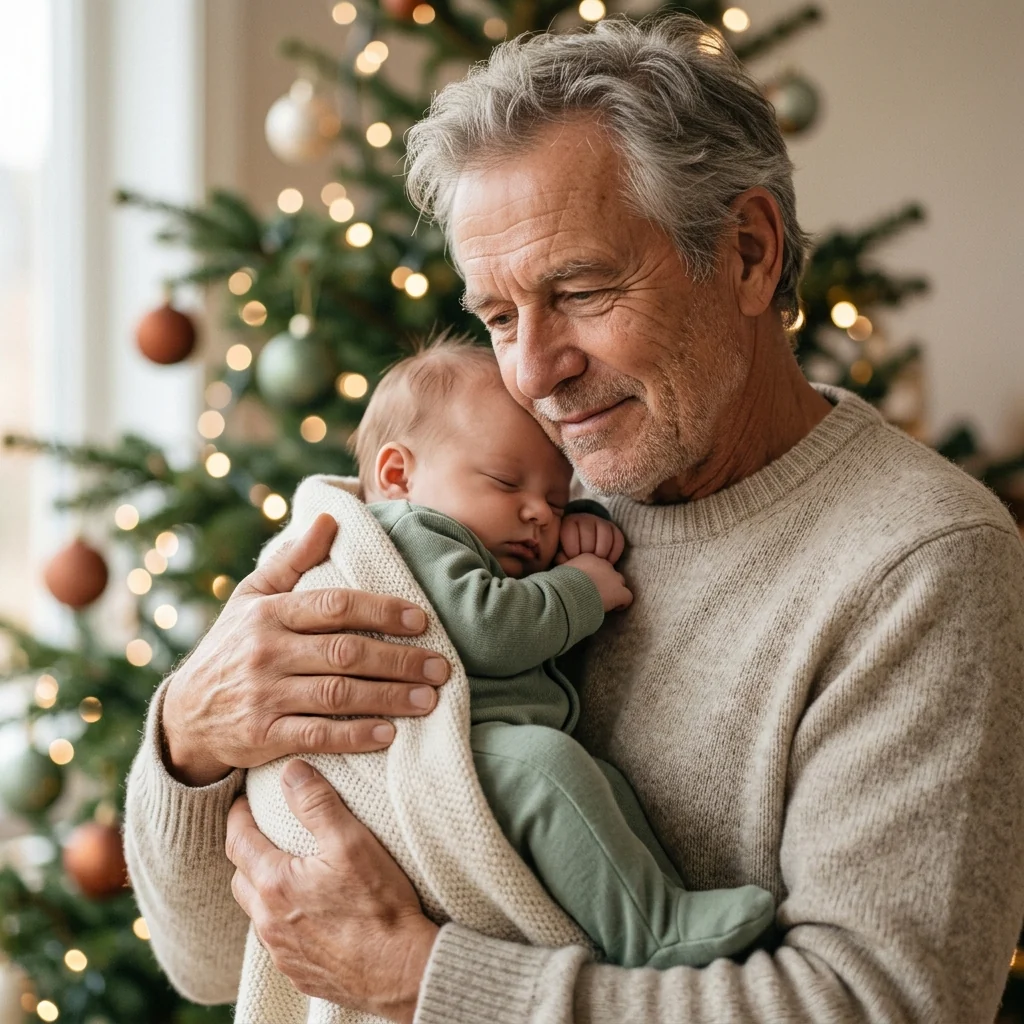 A grandfather holding his sleeping infant grandchild against his chest by the tree in the evening.
