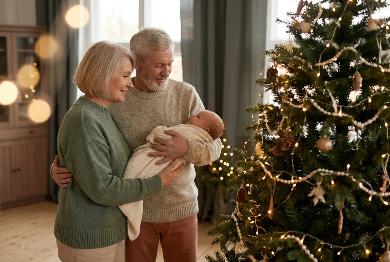 Grandparents holding their infant grandchild beside a lit tree, the setting for Christmas gifts for new grandparents.