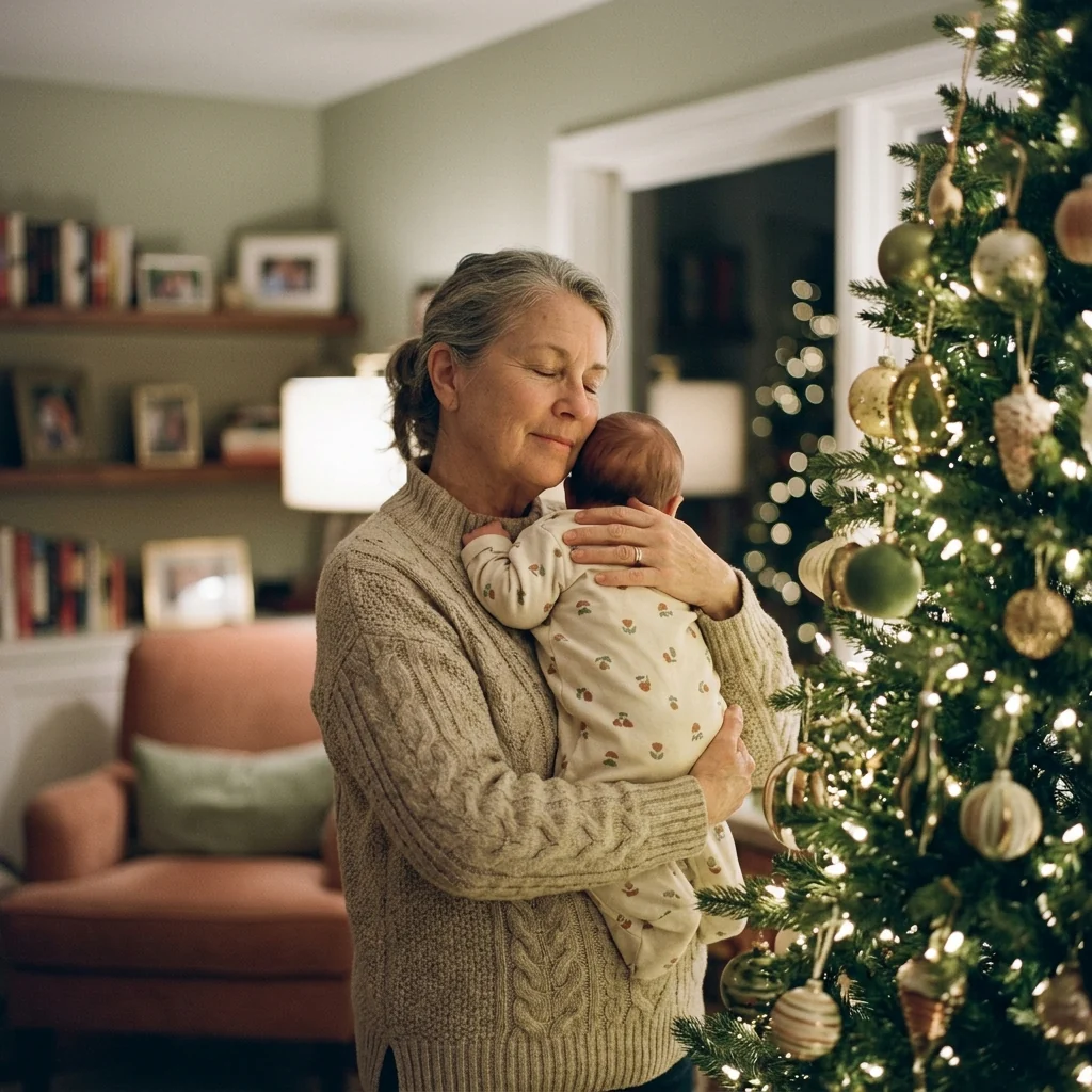 A grandmother holding her infant grandchild against her shoulder beside a lit Christmas tree.